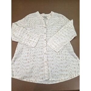 ZOZO Womens 100% Linen Button Down Tunic Shirt White Tan Ikat Print Size L